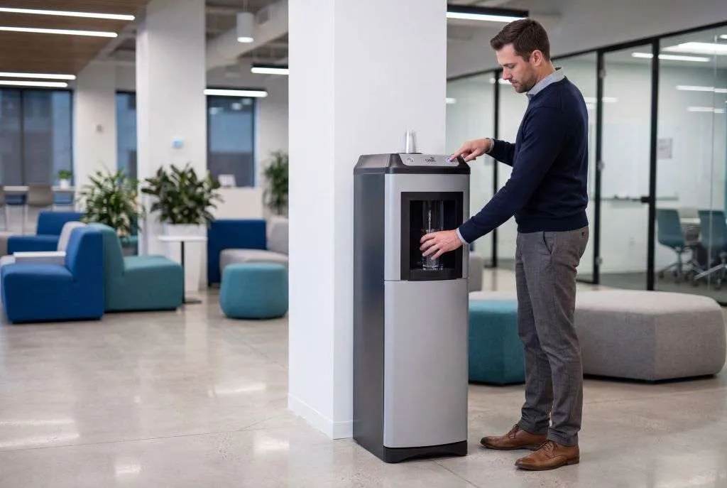 Collaborateur se servant un verre d'eau à une fontaine réseau dans un bureau